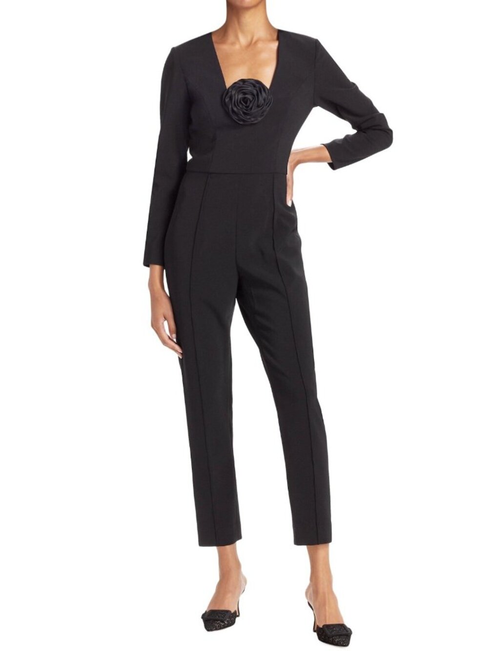 Carolina Herrera Women's Flower-Detail Bracelet Sleeve Jumpsuit in Black Size 8